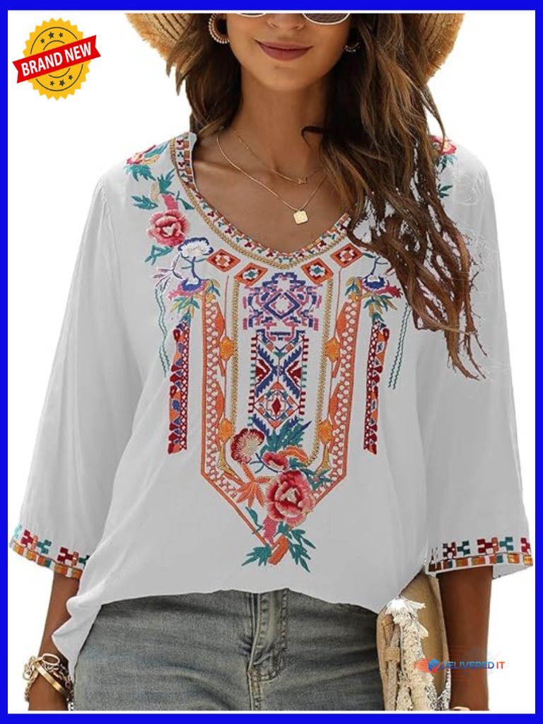 Women's Boho Embroidery V Neck Loose Fit Tunic Blouse Shirt